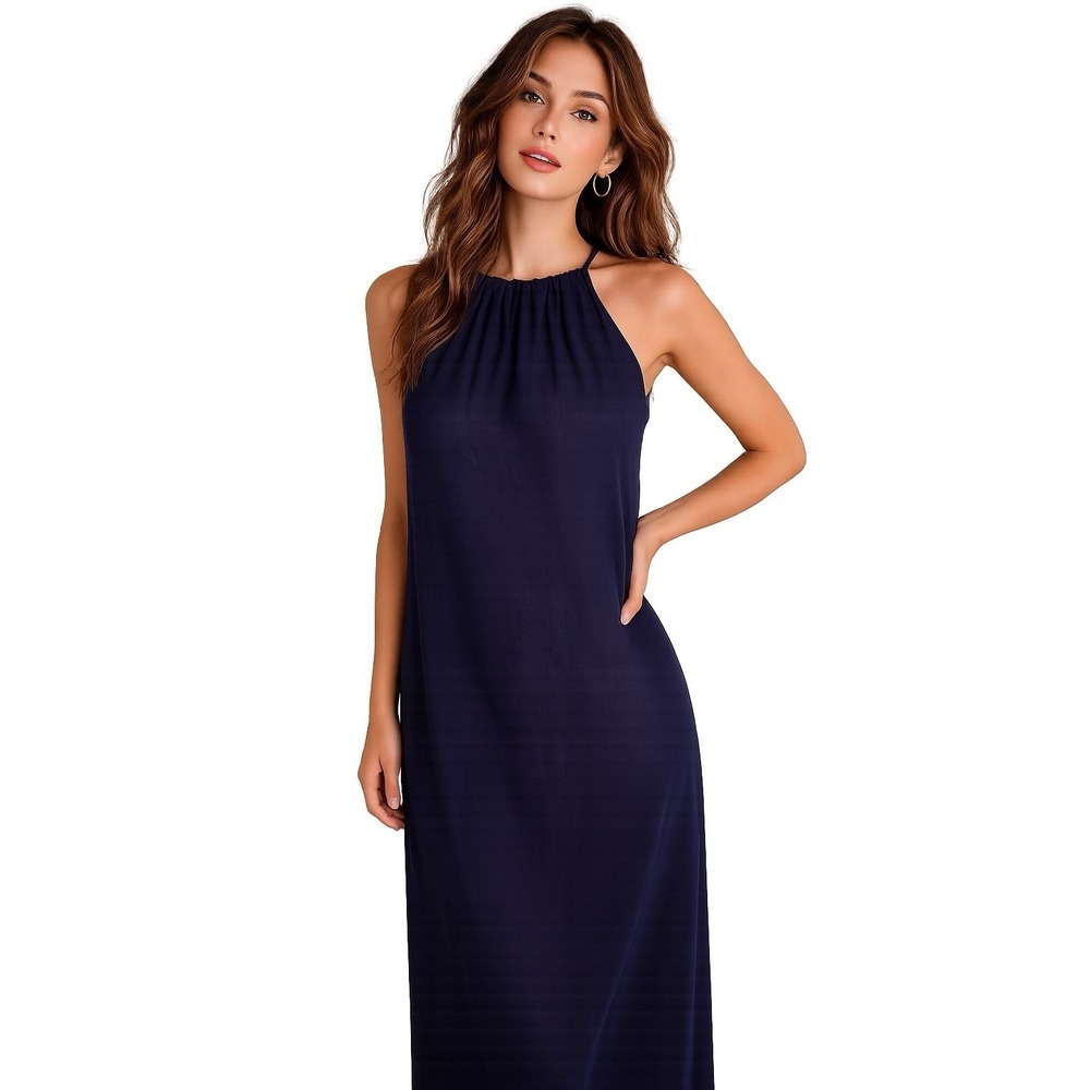 Sigrid Olsen Linen Blend Maxi Dress Women XL Blue Boho Minimalist Coastal Tassel